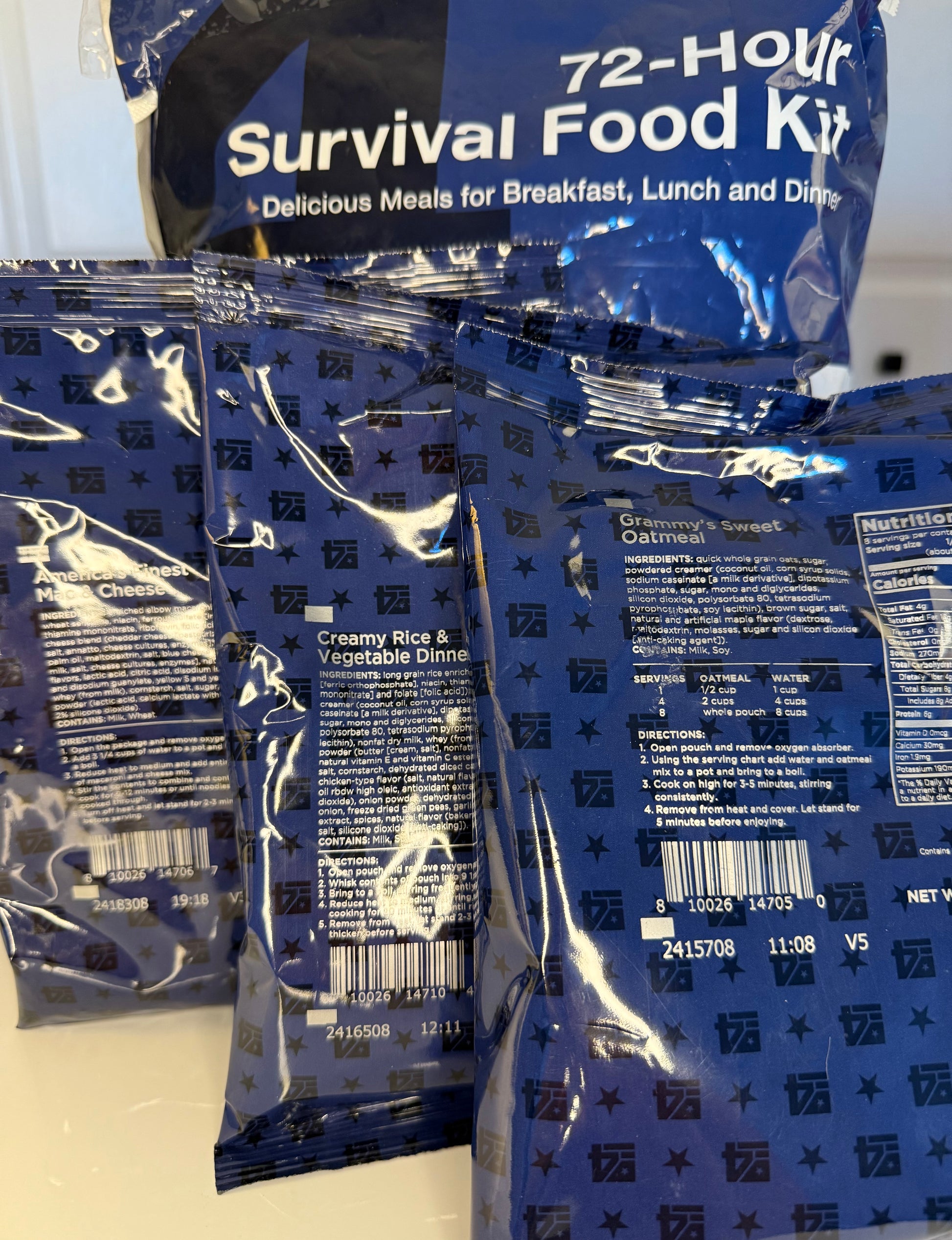 72-hour shelf stable emergency food kit provides six hot meals per day for one person over three days, perfect for blackouts, storms or supply chain disruptions.