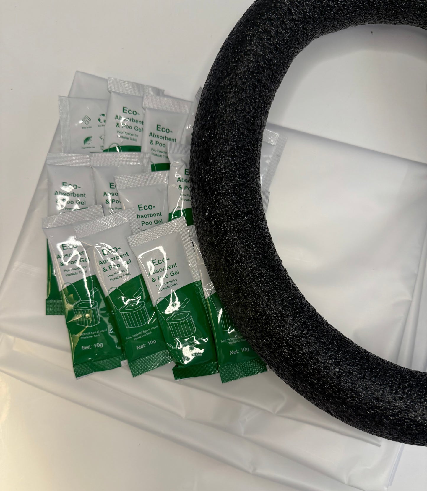 DIY bio-waste system included in the Bug-In Bucket. Features three bio-degradable waste bags with eco-friendly, lemon scented absorbent gel and a cushioned black bucket rim, converting the 5-gallon bucket into a portable emergency toilet.