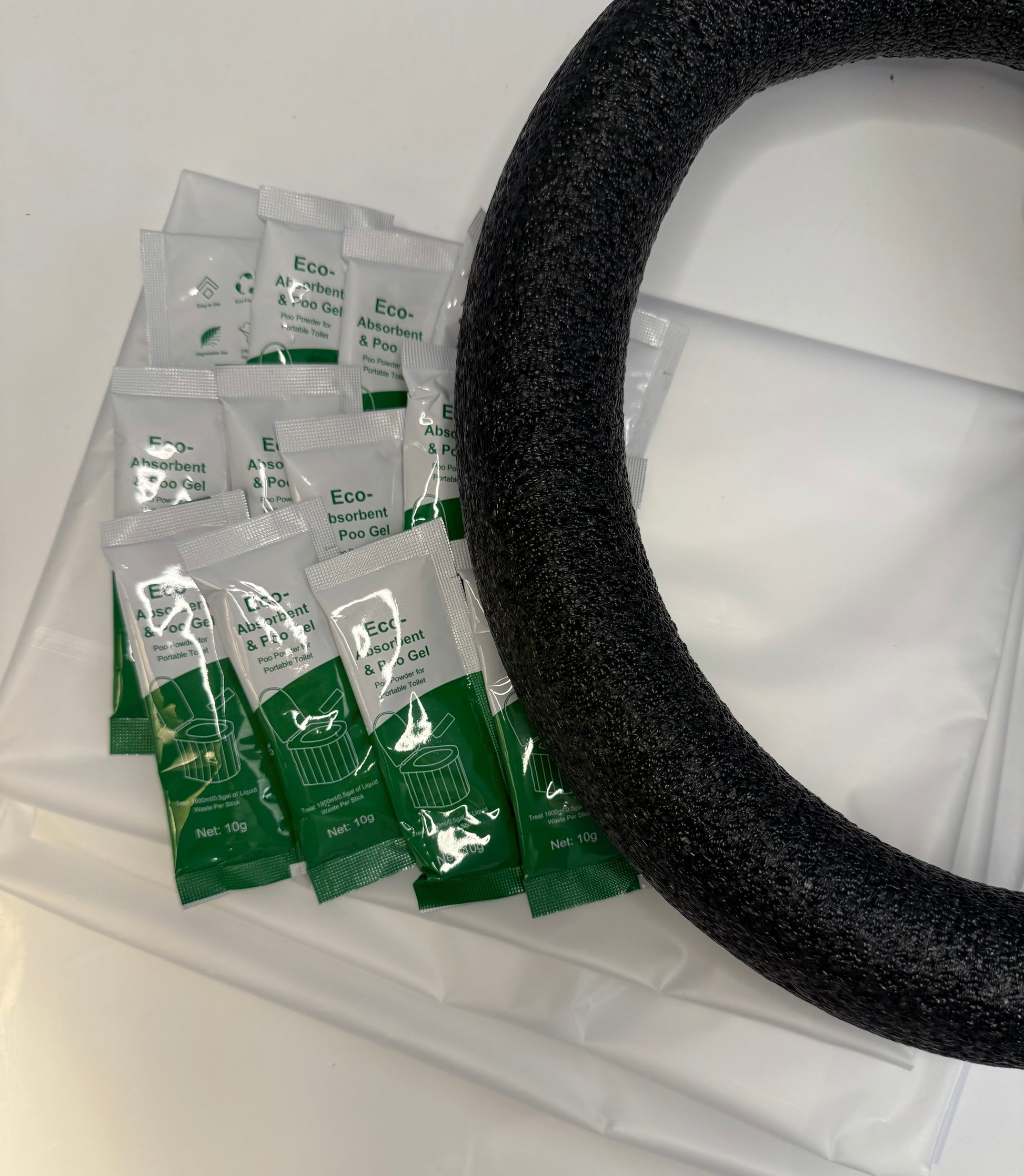 DIY bio-waste system included in the Bug-In Bucket. Features three bio-degradable waste bags with eco-friendly, lemon scented absorbent gel and a cushioned black bucket rim, converting the 5-gallon bucket into a portable emergency toilet.